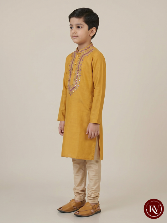 Kids's Mustard Yellow Cotton Kurta with Magenta Embroidered Placket- CKV36