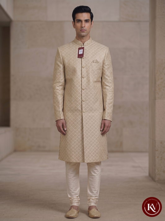 Royal Gold Banarasi Silk Sherwani with Geometric Brocade Weave - SWS2