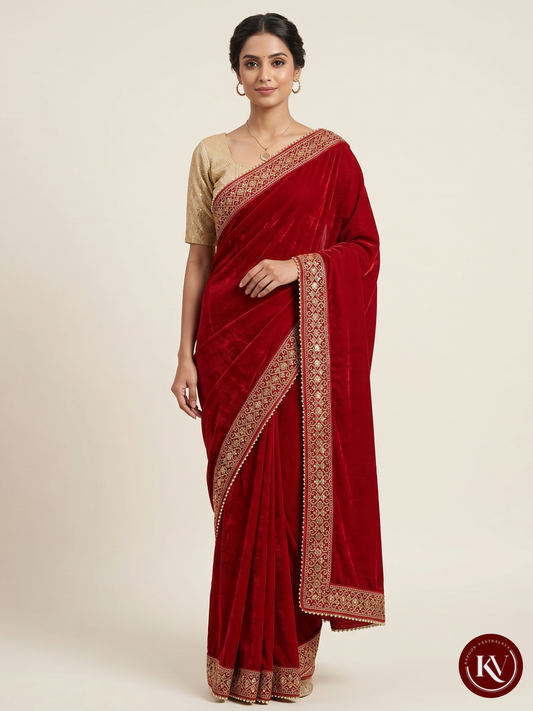 Crimson Red Velvet Festive Shawl with Intricate Gold Sequin Border - MOBD115