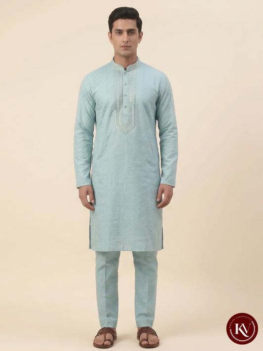 Men’s Sky Blue Embroidered Jacquard Kurta Set – Festive Sequin Detail - KKV123