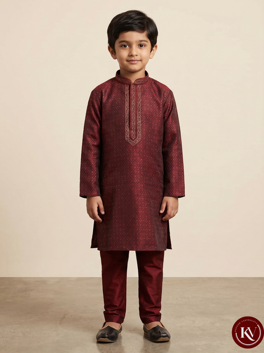 Kids Burgundy Silk-Blend Festive Kurta Set with Embroidered Placket - CKV2