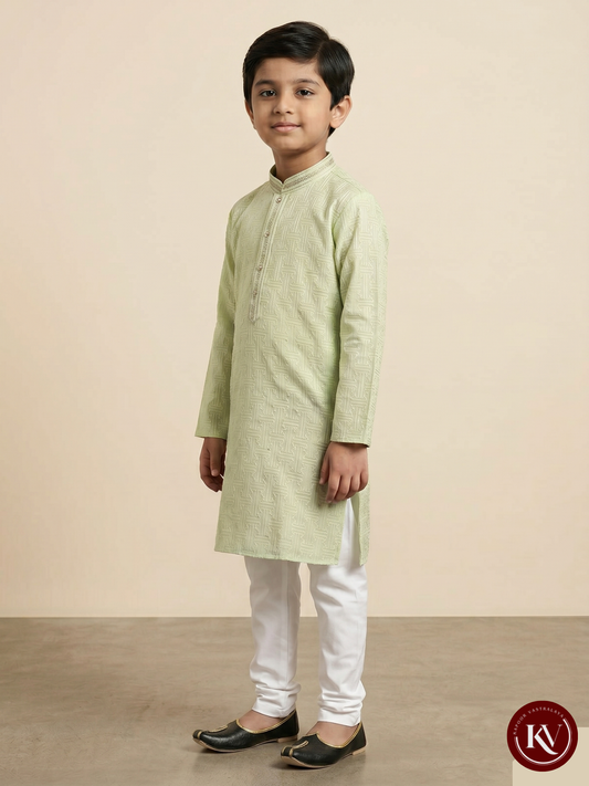 Kids Pastel Green Self-Embroidered Kurta with Crystal Buttons - CKV1