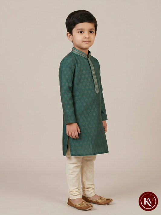 Kids' Emerald Green Jacquard Festive Kurta with Gota Piping - CKV7