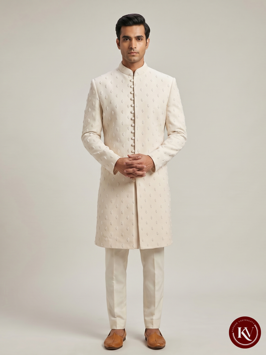 Ivory Hand-Embroidered Silk Sherwani with Pearl Detailing