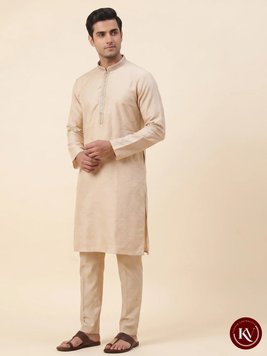 Men’s Royal Beige Paisley Jacquard Kurta Set – Ornate Sequin Detailing - KKV26