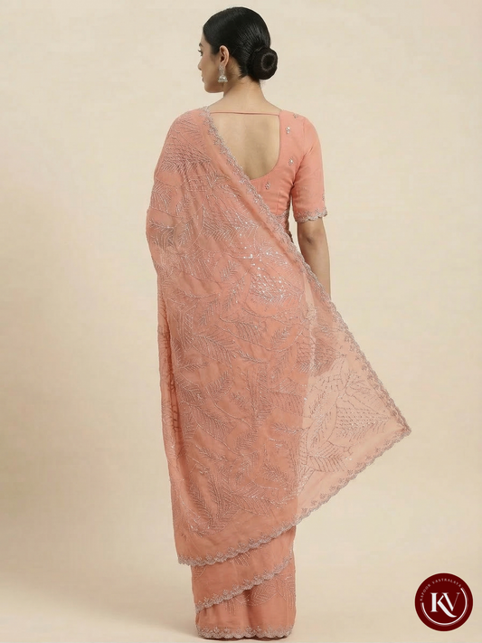 Designer Peach Party Wear Saree with Sequin Work and Bead Border SKV6