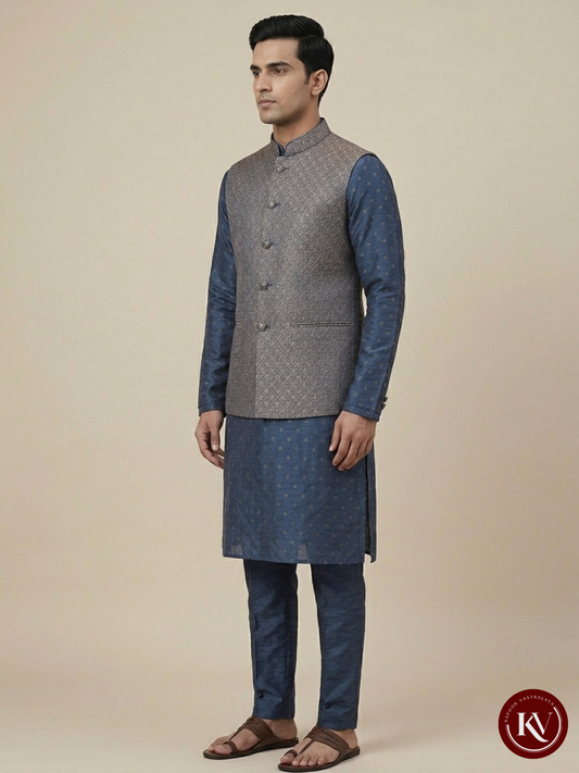 Imperial Navy Blue and Gold Brocade Nehru Jacket with Enamel Buttons- JKV28