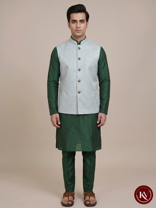 Ice Blue Jacquard Nehru Jacket with Filigree Engraved Buttons- JKV10