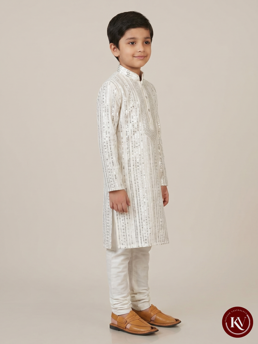 Kids Ivory White Georgette Kurta with Allover Silver Sequin Embroidery - CKV16