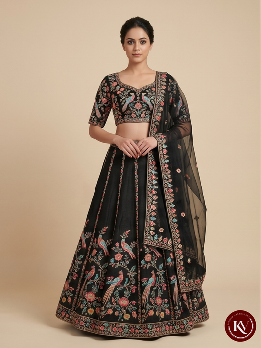 Midnight Black Raw Silk Lehenga Set with Vibrant Bird and Floral Hand-Embroidery -D. No. - 782