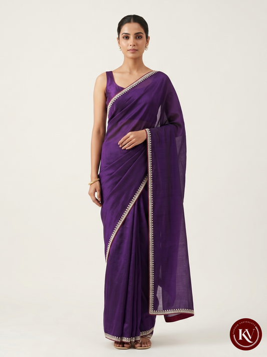 Royal Purple Silk Organza Saree with Delicate Pearl and Zari Border - SKV144