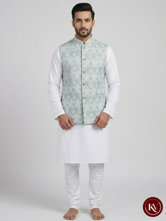 Dove Grey Silk Scalloped Embroidered Nehru Jacket - JACKET94