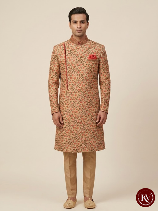 Fawn Brocade Indo-Western Sherwani Set with Asymmetric Peach Floral Weave - ODES802