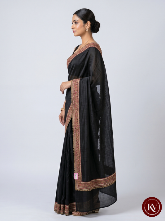 Midnight Black Silk Saree with Multicolor Hand-Embroidered Scallop Border - SKV148