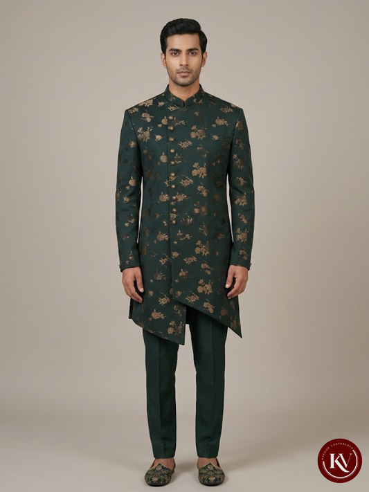 Bottle Green Brocade Indo-Western Sherwani Set with Antique Gold Florals - CPIW525