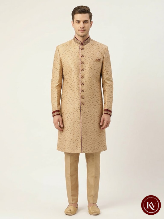 Fawn Embroidered Silk Sherwani Set with Velvet Piping and Zari Borders - ODES911