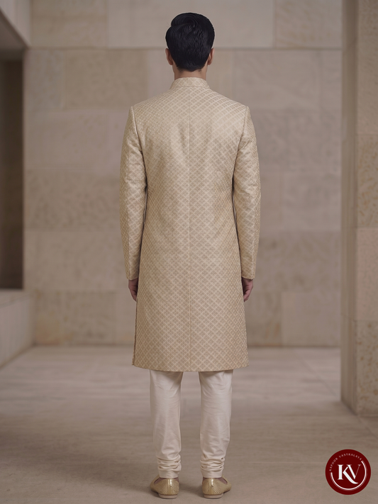 Royal Gold Banarasi Silk Sherwani with Geometric Brocade Weave - SWS2