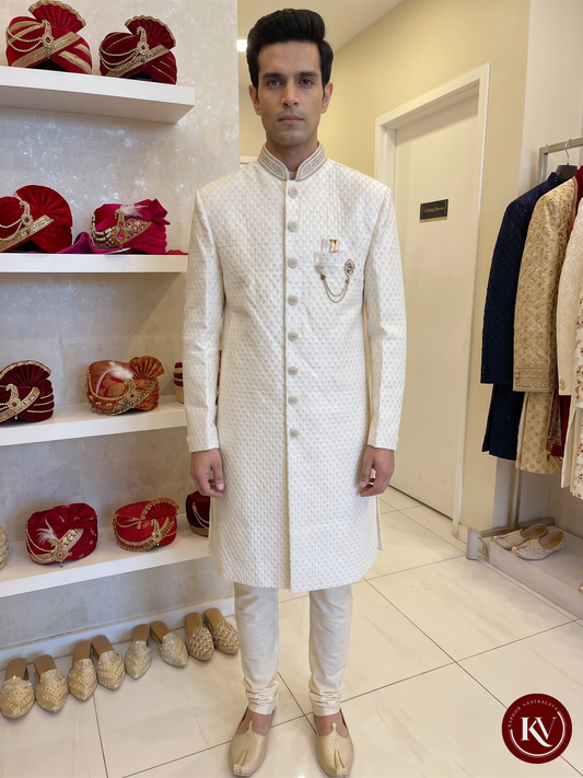 Imperial Cream Sherwani with Vertical Geometric Embroidery & Jeweled Collar - SWKV9