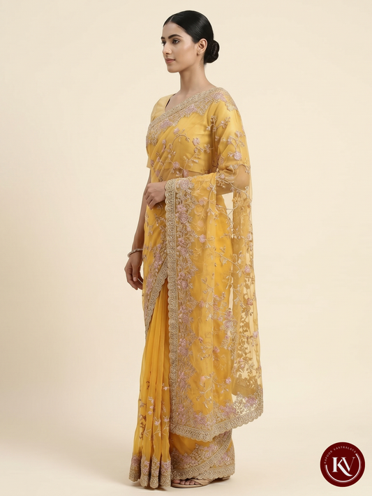Canary Yellow Organza Saree with Ornate Floral Resham & Silver Border - SKV150