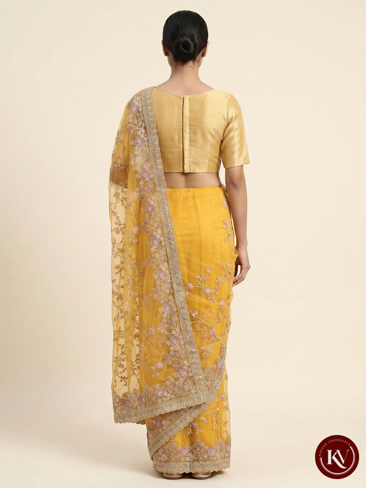 Canary Yellow Organza Saree with Ornate Floral Resham & Silver Border - SKV150