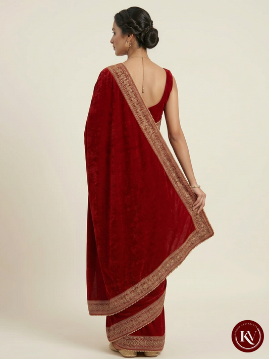 Crimson Red Velvet Festive Shawl with Intricate Gold Sequin Border  - MOBD115