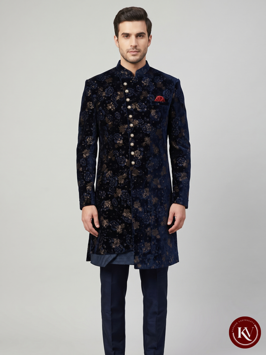 Royal Blue Floral Velvet Sherwani with Asymmetric Button Detail - CPIW624V