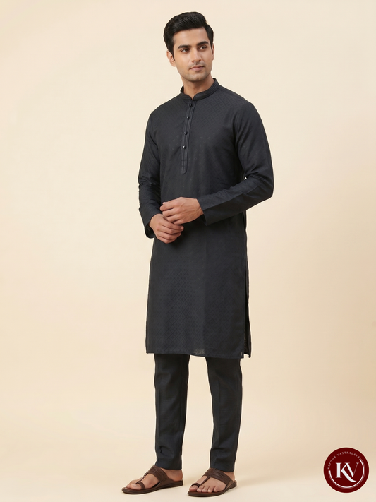 Men’s Green Geometric Dobby Kurta Set – Premium Textured Ethnic Wear - KKV4