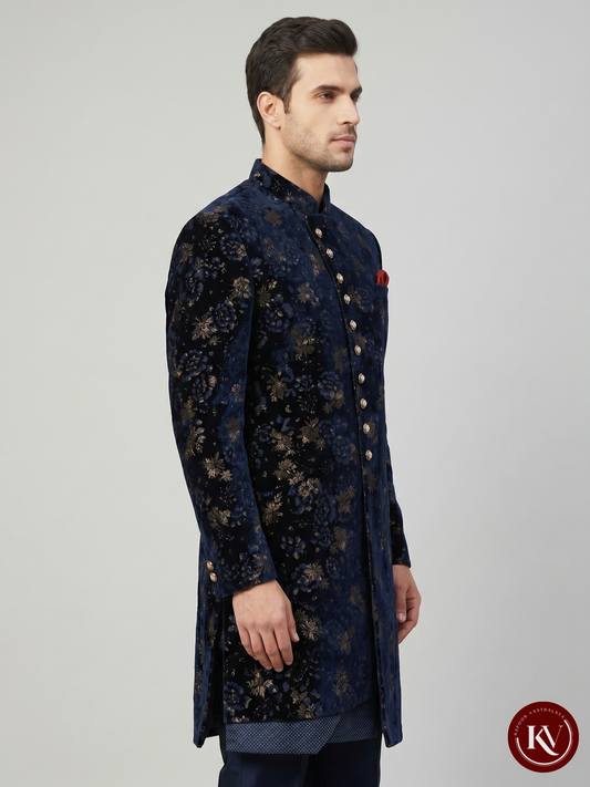 Royal Blue Floral Velvet Sherwani with Asymmetric Button Detail - CPIW624V