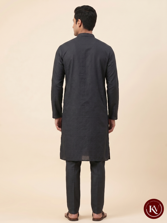Men’s Green Geometric Dobby Kurta Set – Premium Textured Ethnic Wear - KKV4