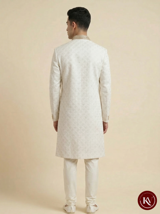 Men's Designer Cream Wedding Sherwani SWKV10