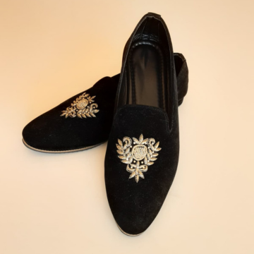 Midnight Black Velvet Jutti Mojaris with Gold Zardozi Crown Crest Embroidery - SHOE 07