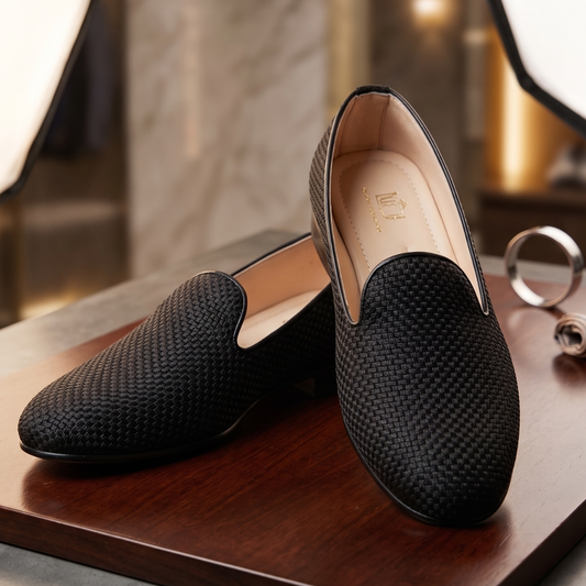 Men's Woven Textured Black Loafers – Premium Slip-On Dress Shoes SHOE09