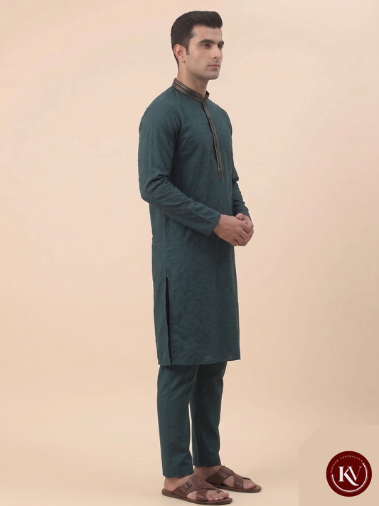 Men’s T Green Geometric Dobby Kurta Set – Designer Textured Ethnic Wear- KKV139