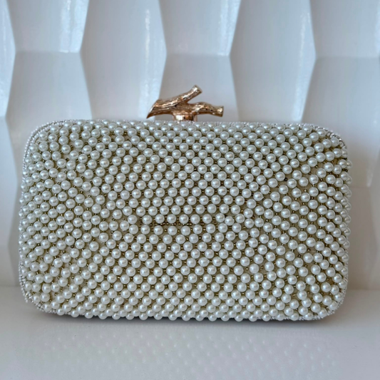Aura Full Pearl Hard-Case Box Clutch with Organic Gold Clasp