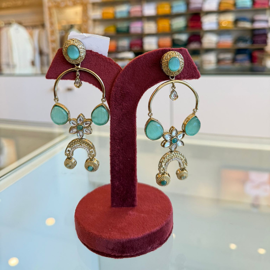 Mint Green and Kundan Gold-Plated Statement Chandbali Earrings - ER26