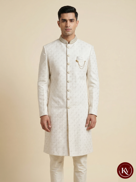 Men's Designer Cream Wedding Sherwani SWKV10