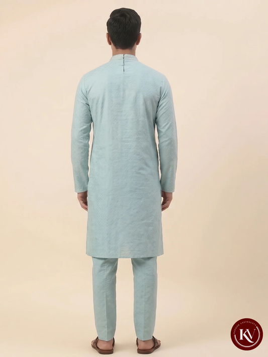 Men’s Sky Blue Embroidered Jacquard Kurta Set – Festive Sequin Detail - KKV123