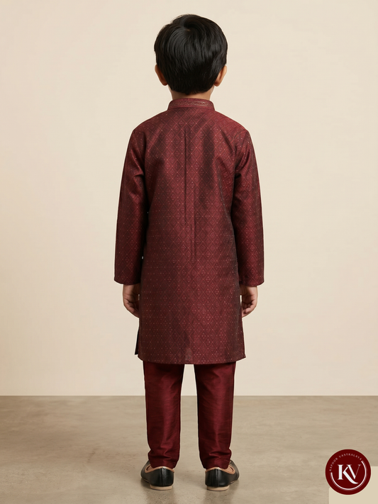 Kids Burgundy Silk-Blend Festive Kurta Set with Embroidered Placket - CKV2