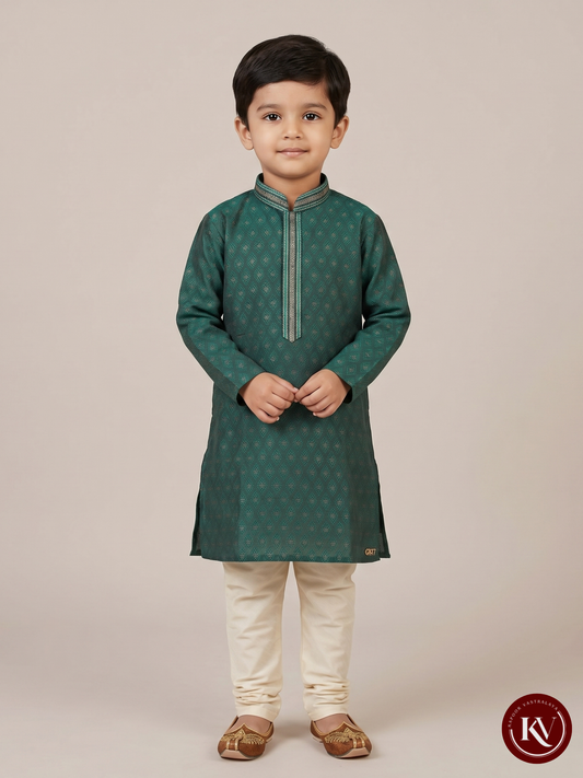 Kids' Emerald Green Jacquard Festive Kurta with Gota Piping - CKV7