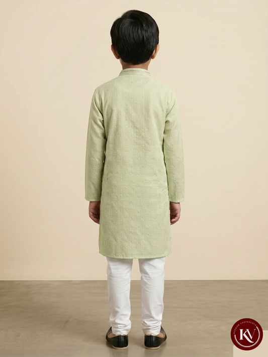 Kids Pastel Green Self-Embroidered Kurta with Crystal Buttons - CKV1