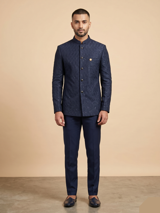 Deep Navy Blue Silk-Blend Bundi with Wavy Leaf Threadwork - JACKET109