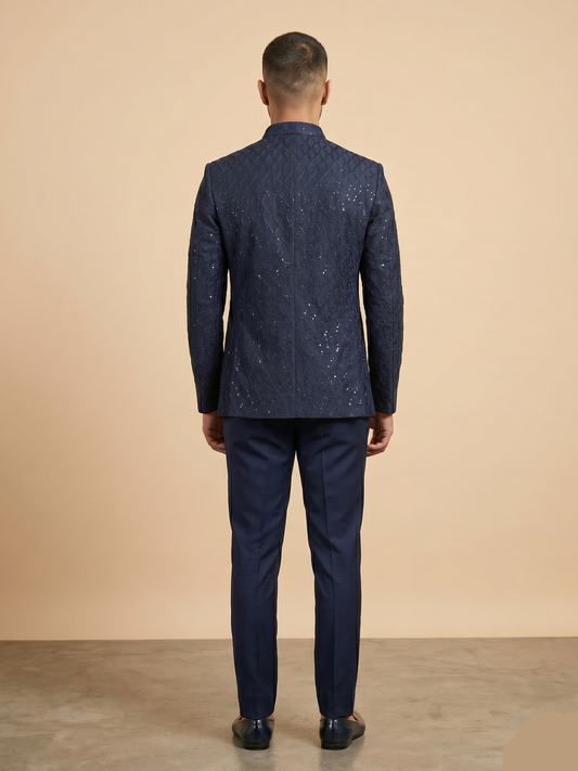 Deep Navy Blue Silk-Blend Bundi with Wavy Leaf Threadwork - JACKET109
