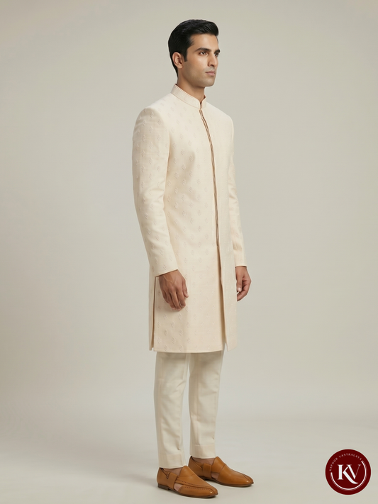 Ivory Hand-Embroidered Silk Sherwani with Pearl Detailing