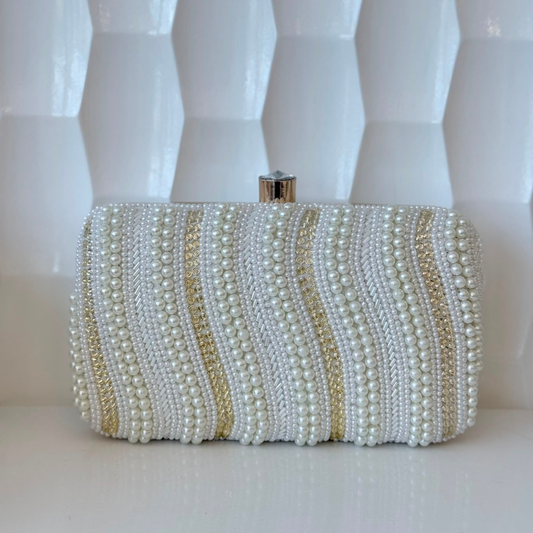 Alora Pearl & Crystal Wave Box Clutch with Solitaire Clasp