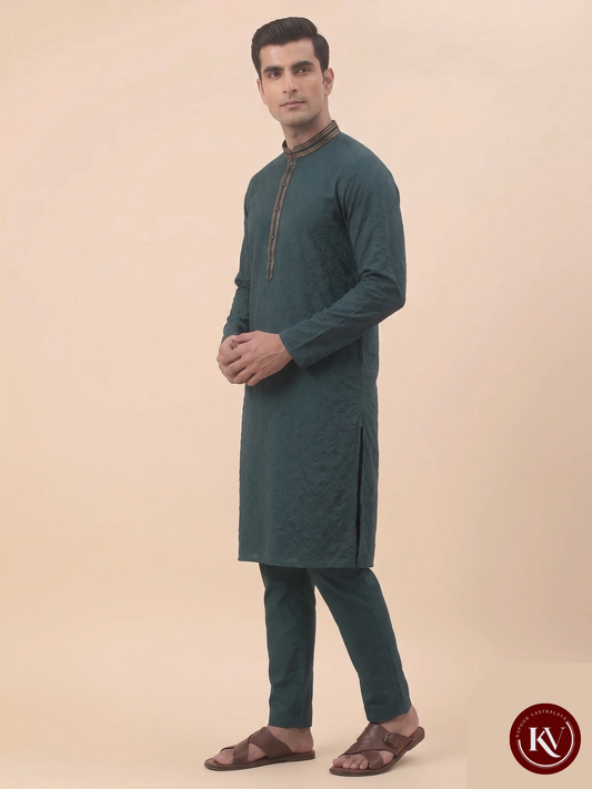 Men’s T Green Geometric Dobby Kurta Set – Designer Textured Ethnic Wear- KKV139