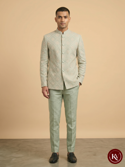 Pastel Pista Green Geometrically Embroidered Nehru Jacket - JKV44