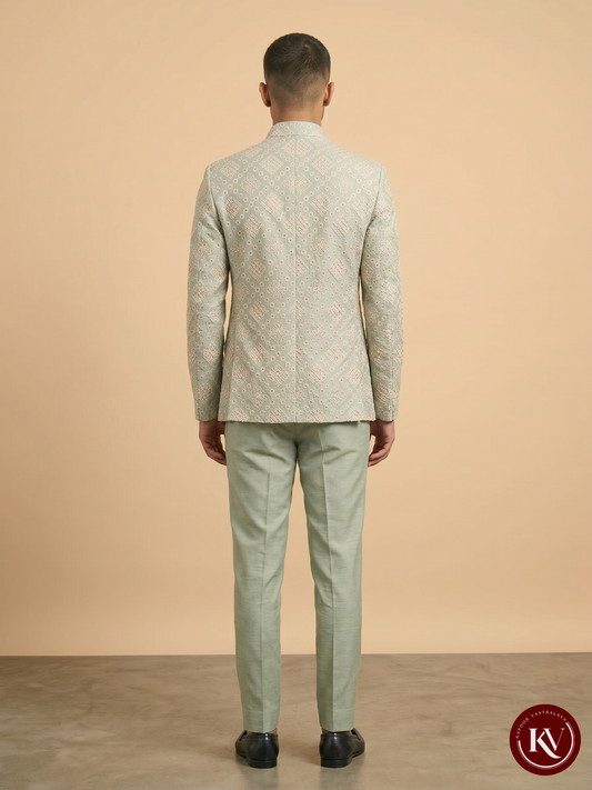 Pastel Pista Green Geometrically Embroidered Nehru Jacket - JKV44
