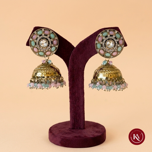 Pastel  Multi and Mint Jhumka Earrings with Kundan Accent  - ER6