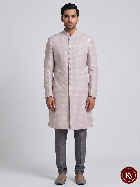 Dusty Pink Self-Design Silk Sherwani with Fabric Buttons -SWS12