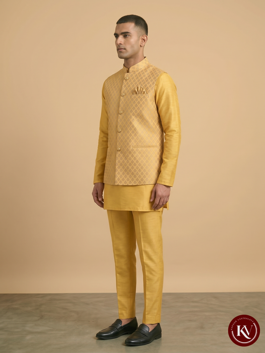 Imperial Mustard Yellow Brocade Nehru Jacket with Filigree Buttons - JKV7